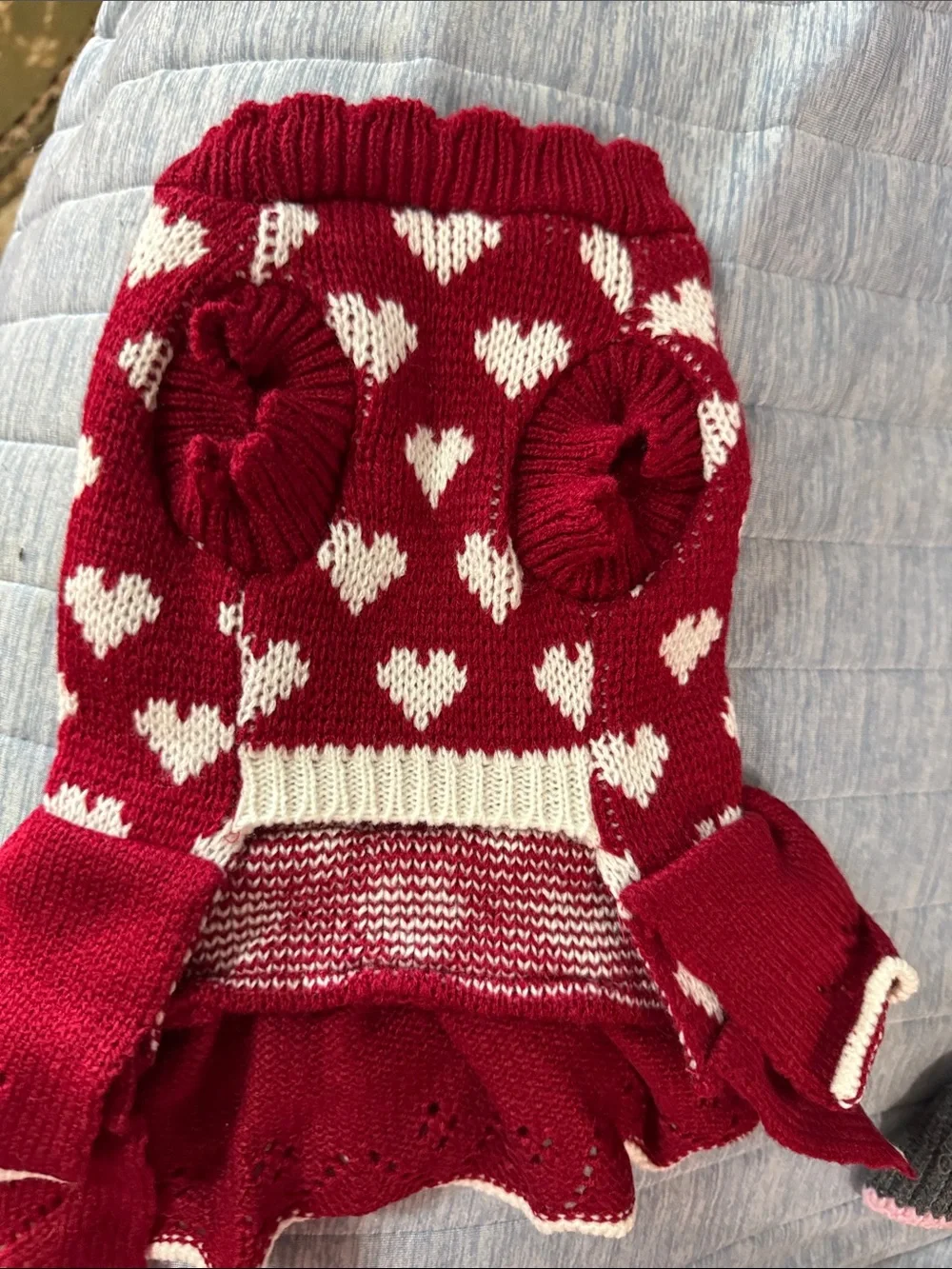 Gray & Pink Polka Dot Knit Dog Dress with Pom Trim